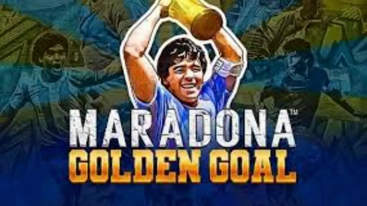Captura de tela do slot Maradona Golden Goal, mostrando os rolos com símbolos de futebol e Maradona, e os medidores de jackpot acima.