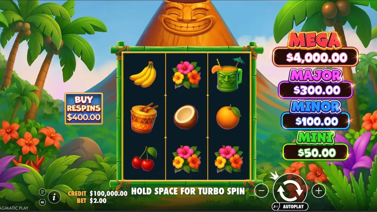 Interface vibrante e tropical do slot Super Tiki Strike