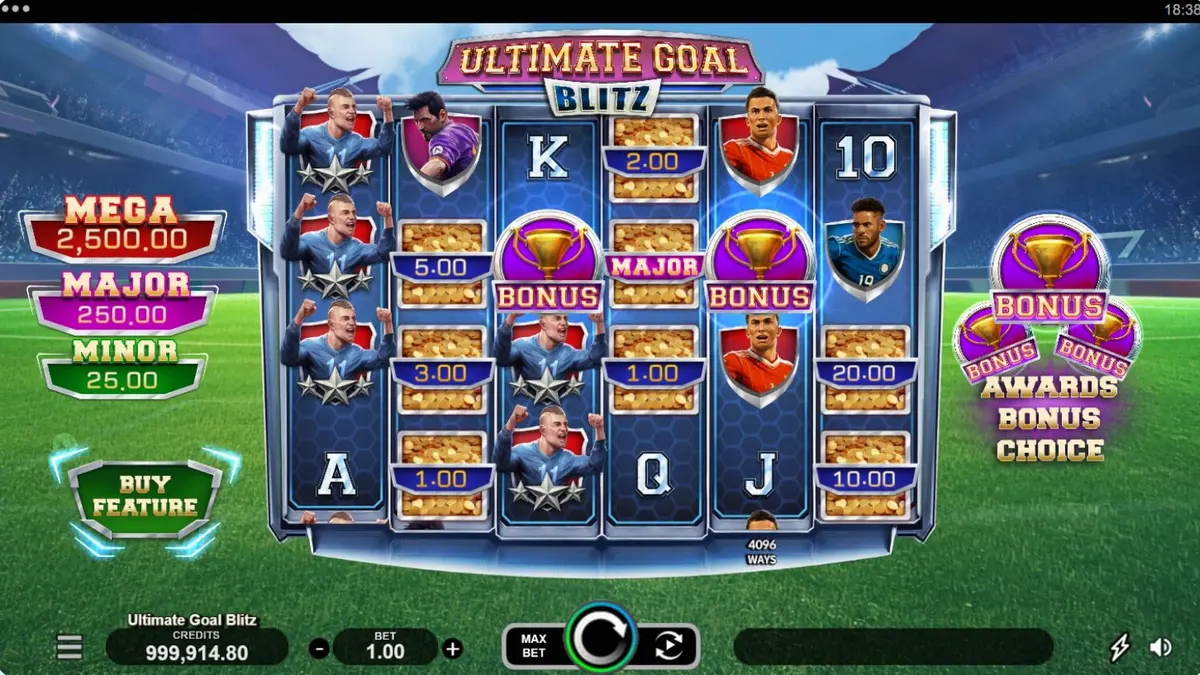 Estádio de futebol iluminado representando o tema do slot Ultimate Goal Blitz