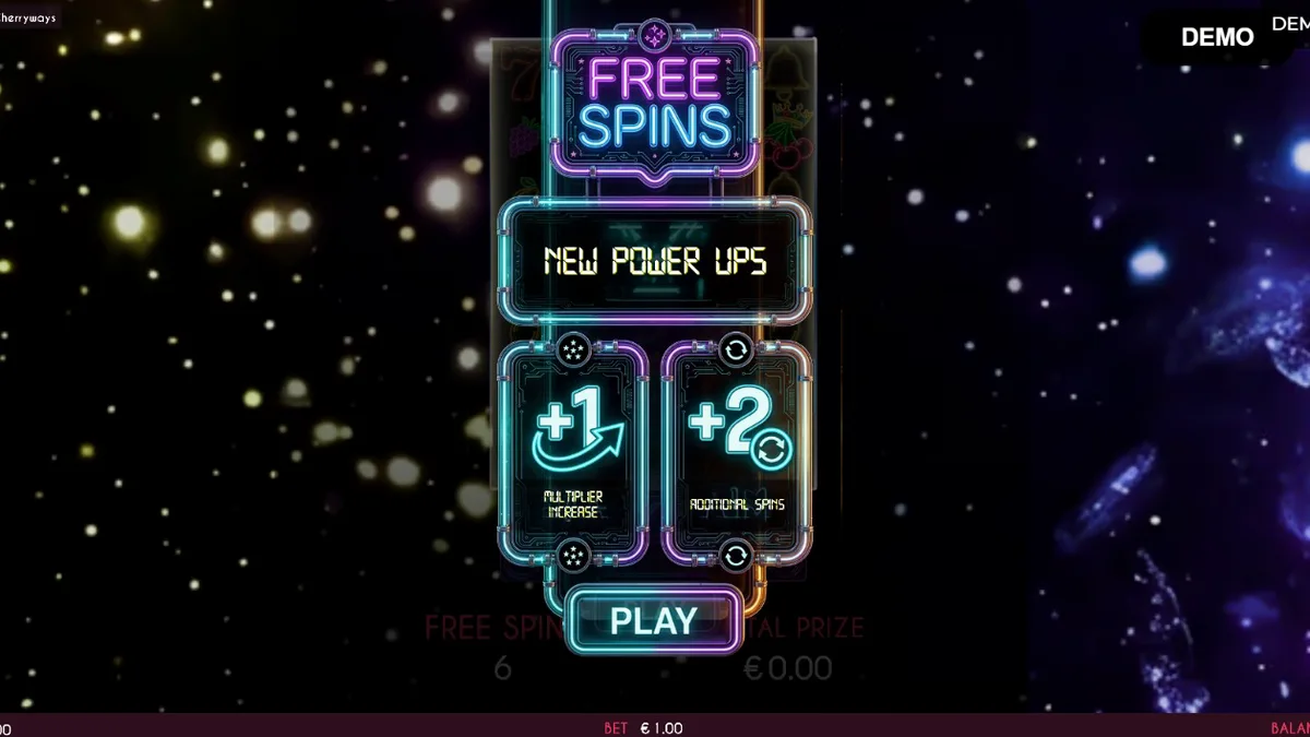 Interface vibrante e neon do slot Turbo Fortune Cherryways com símbolos de frutas brilhantes